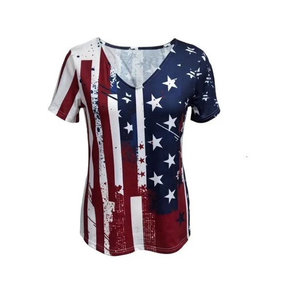 NWOT 4th of July Patriot American Flag Print V Neck Women's T-Shirt Small - Picture 2 of 3